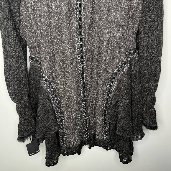 NWT Dolce Cabo Rabbit Fur Trimmed Elegant Floral Embellished Long Cardigan - Picture 9 of 14
